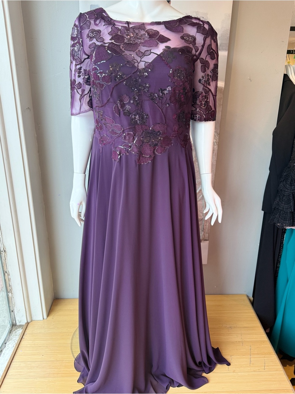 Embellished Plum Long-Sleeve Evening Gown